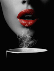 Red lips of a woman starting to drink a cup of steaming coffee on a dark background with copy space on the bottom. Portrait image.

