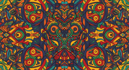 Vibrant abstract pattern with retro bohemian style and colorful folk art feel