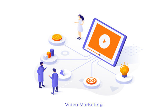 Video Marketing explanation isometric conceptual template. Study effective promotional channel. Advertising tool for website design. 3d creative vector illustration for web page development