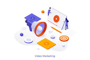 Video Marketing for business isometric conceptual template. Creating content to engage audience on internet. Promotional agency website. 3d creative vector illustration for web page development
