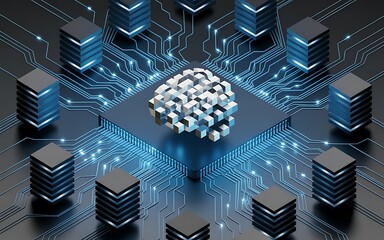 Digital brain representing artificial intelligence interconnected by circuit board patterns conveying data processing and network connection