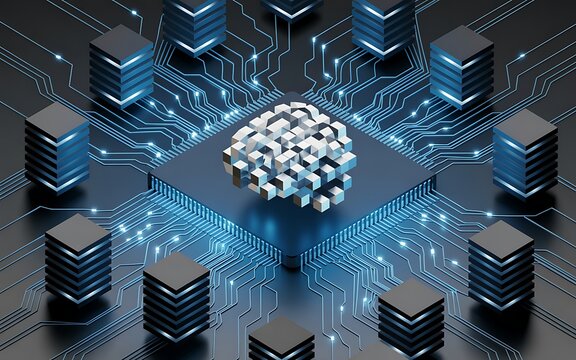Digital brain representing artificial intelligence interconnected by circuit board patterns conveying data processing and network connection