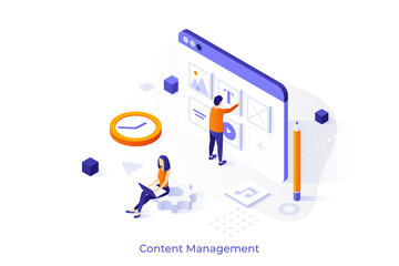 Content Management isometric conceptual template. Filling website with useful information to engage customers vector design. Digital marketing. 3d colorful illustration for web page development
