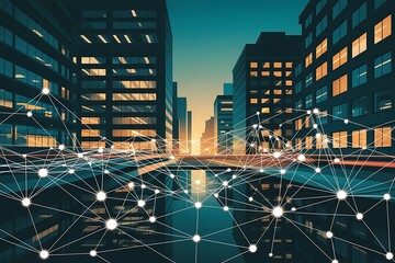Digital network connections overlaying a cityscape depicting modern technology and interconnected data transfer in an urban environment.