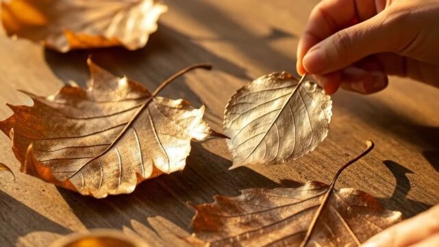 Close-up of autumn leaves falling on wooden surface