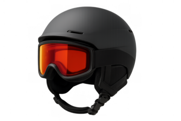 Black ski helmet with orange goggles for winter sports and snowboarding, ensuring safety and head protection
