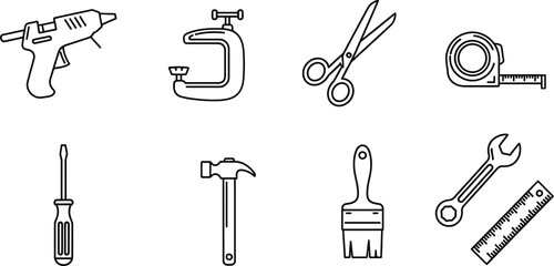 Obraz premium DIY and creation simple line set. Vector pictograms of glue gun, small clamp, thin linear illustration.