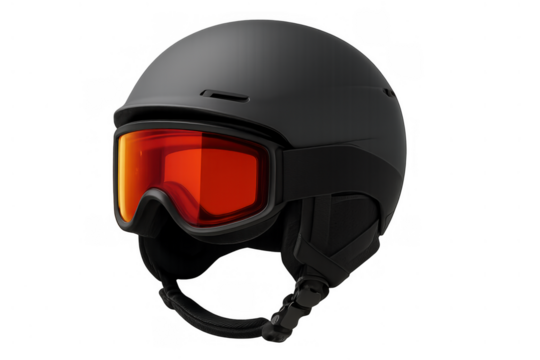 Black ski helmet with orange goggles for winter sports and snowboarding, ensuring safety and head protection - Powered by Adobe