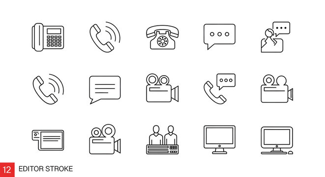 Modern Communication Icons: Set of sleek line icons showcasing a range of communication tools, ideal for digital projects and tech-related designs. 