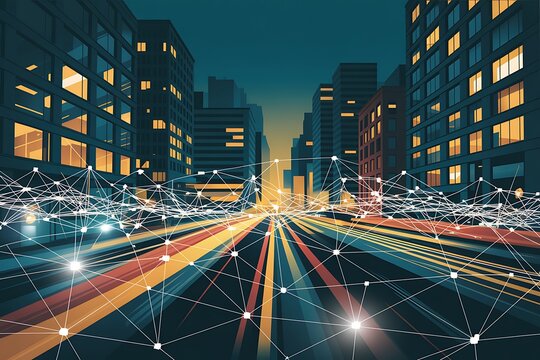 Digital cityscape showing network connections and data flow across urban buildings depicting modern technological advances