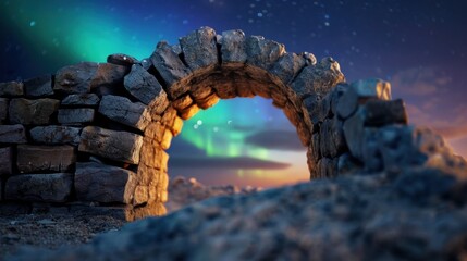 Fototapeta premium Ancient Stone Arch Against Colorful Northern Lights in Starry Night Sky
