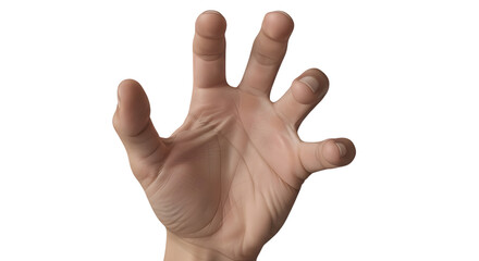 Human hand reaching out with fingers spread wide isolated on transparent background