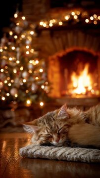 Warm fireplace and decorated Christmas tree with a sleeping cat in the foreground