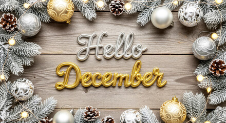 Hello December greeting with silver gold Christmas decoration on old wooden background. Winter holidays concept.	
