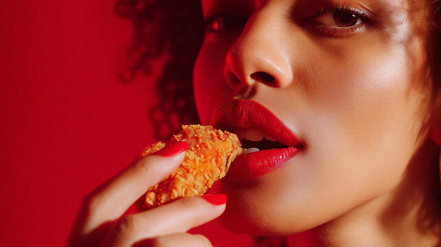 A woman with red lipstick eating a piece of fried chicken against a red background in a close up shot
