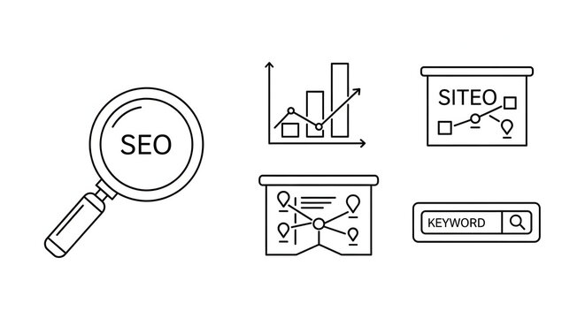 SEO Icons: A collection of sleek, minimalist icons symbolizing key concepts related to Search Engine Optimization. Representing essential elements of online marketing strategies. 
