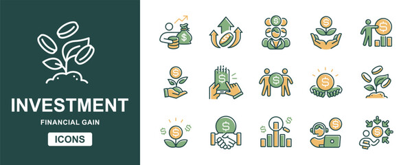 Financial investment icon line set. Income growth management investor asset stock, profit gain, share, fund, cashflow, return, trading strategy signs vector illustration