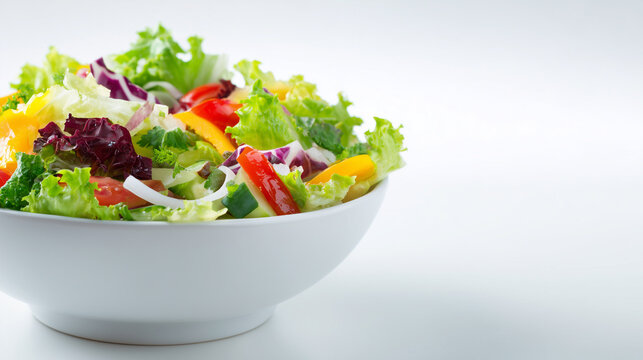 Fresh vegetable salad in a white bowl placed on one side of a bright background, featuring colorful lettuce, peppers, and healthy clean eating style.