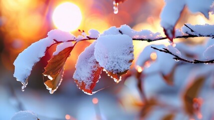 Drenched Snowy Branches Against a Vibrant Sunset with Dripping Water Drops and Colorful Background