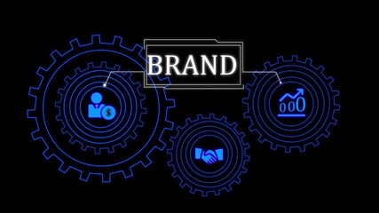Digital concept of brand building with interconnected gears and business icons on a dark blue background. technology 4K video. - Powered by Adobe