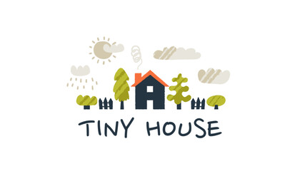 Fototapeta premium Cute tiny house on old scandinavian village street with doodle trees.