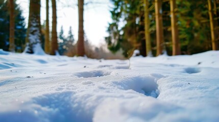 Tranquil Winter Scene with Snow-Covered Ground and Tall Pine Trees in Sunlit Forest Pathway
