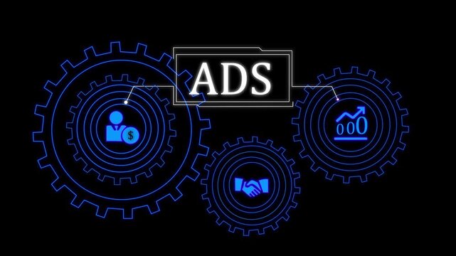 Digital Marketing ADS Concept with Interlocking Gears and Business Icons on Blue Background and white text advertising. 4k animation.