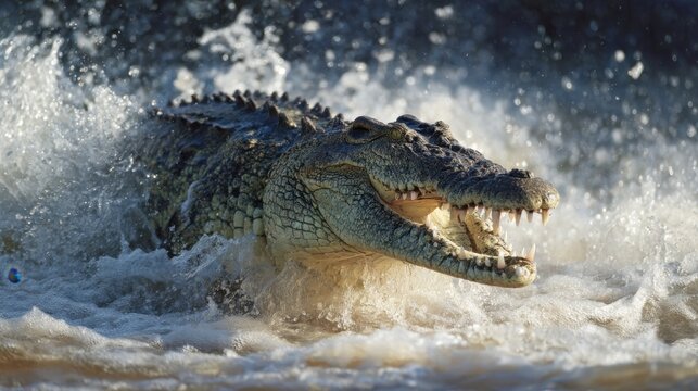 Crocodile Emerging from Water with Open Mouth in Action Shot