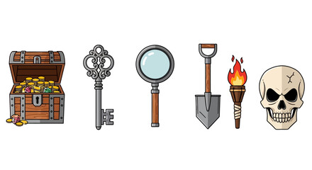 Line art Treasure Hunter Elements Isolated with Chest Key Magnifier Torch and Skull