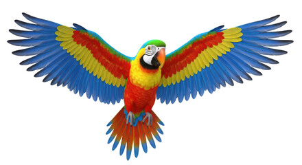 Fototapeta premium Vibrant scarlet macaw parrot with wings spread wide in flight isolated on transparent background