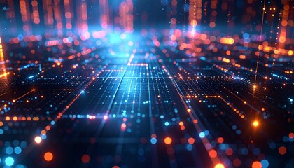 Obraz premium スチールの冷たい質感にホログラフィックなデータグリッドが重なり、 光のパルスが規則的に流れる近未来的なテックイメージ。 金属の反射と青や紫の光が織りなすシネマティックな雰囲気。