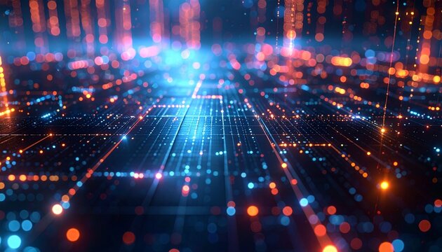 スチールの冷たい質感にホログラフィックなデータグリッドが重なり、
光のパルスが規則的に流れる近未来的なテックイメージ。
金属の反射と青や紫の光が織りなすシネマティックな雰囲気。