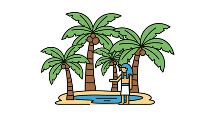 Flat Style Tropical Palm Tree and Egyptian Man Oasis Scene Illustration