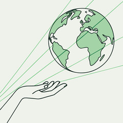 Hand holding the planet earth with rays of light