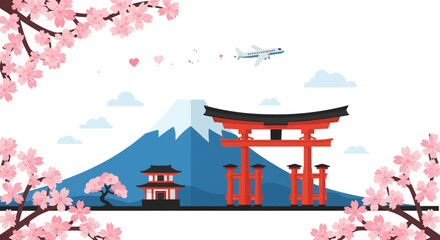 Flat Simple Japan Landscape with Cherry Blossom and Airplane Tourism