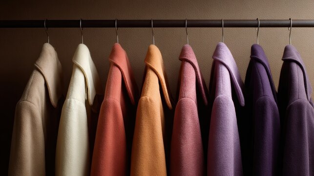 Fashion display of multi-colored casual fall and winter coats on hanging rack