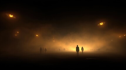 Surreal Night Scene with Mysterious Glowing Eyes and Silhouetted People