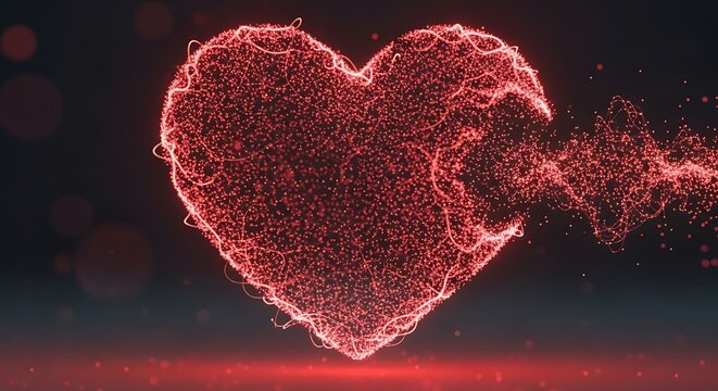 Digital Heart Shape Made of Glowing Particles in Red and Black Artistic Style