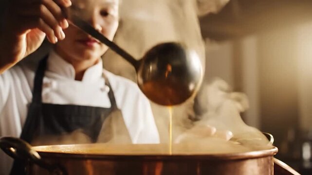 Chef stirring a pot of soup in a professional kitchen.