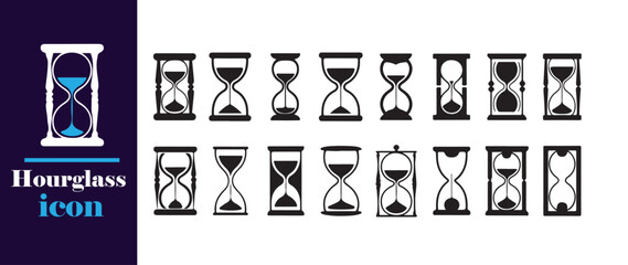 Black and White Hourglass Icons, Elegant Time Flow and Sand Clock Vector Set, vector illustration EPS 10.
