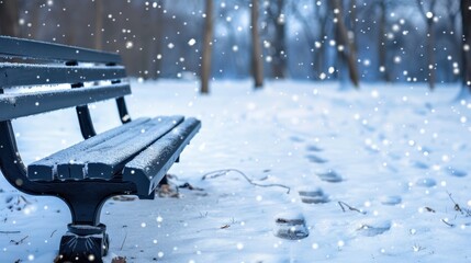 Snowy park scene with bench covered in snow, winter landscape, snowflakes falling, serene nature view
