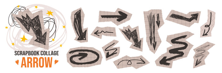Scrapbook set with paper arrow doodle scribble and cutout collage elements.