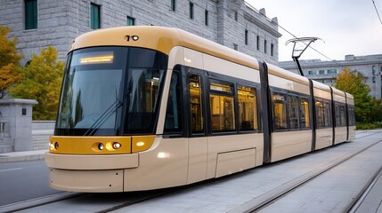Naklejka premium A sleek light rail tram parked on a city street, surrounded by autumn trees, showcasing modern public transportation in an urban environment.