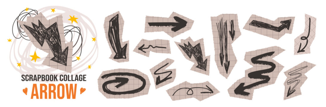 Scrapbook set with paper arrow doodle scribble and cutout collage elements.