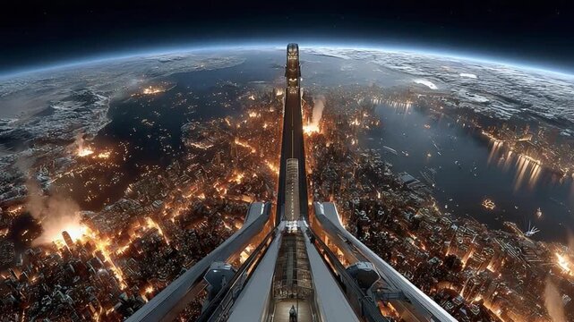 Skyward Gaze: A futuristic high-rise structure pierces the atmosphere, offering a breathtaking view of a sprawling metropolis and the curvature of the earth. 