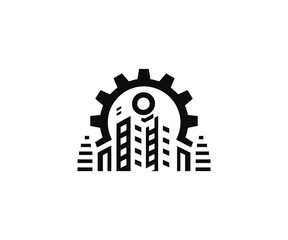 City skyline with gear icon