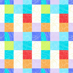 Colorful geometric grid pattern with vibrant squares. Seamless tileable design with playful squiggle textures. Ideal for backgrounds, textiles, and creative projects.
