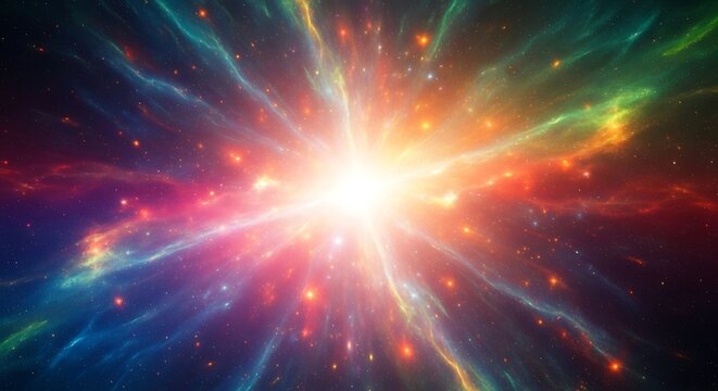 Abstract cosmic explosion with bright light and colorful energy trails