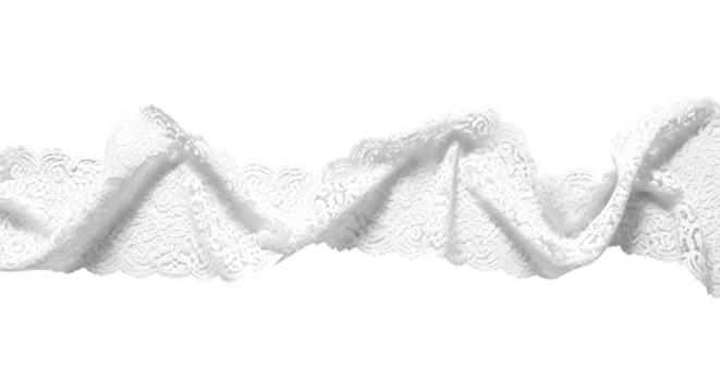 Close up of delicate white lace trim with a ruffled edge against a stark black background