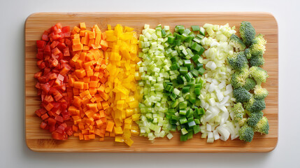 Top view of cutting board with neatly arranged chopped vegetables in color order, fresh healthy food preparation concept with clean bright tones.